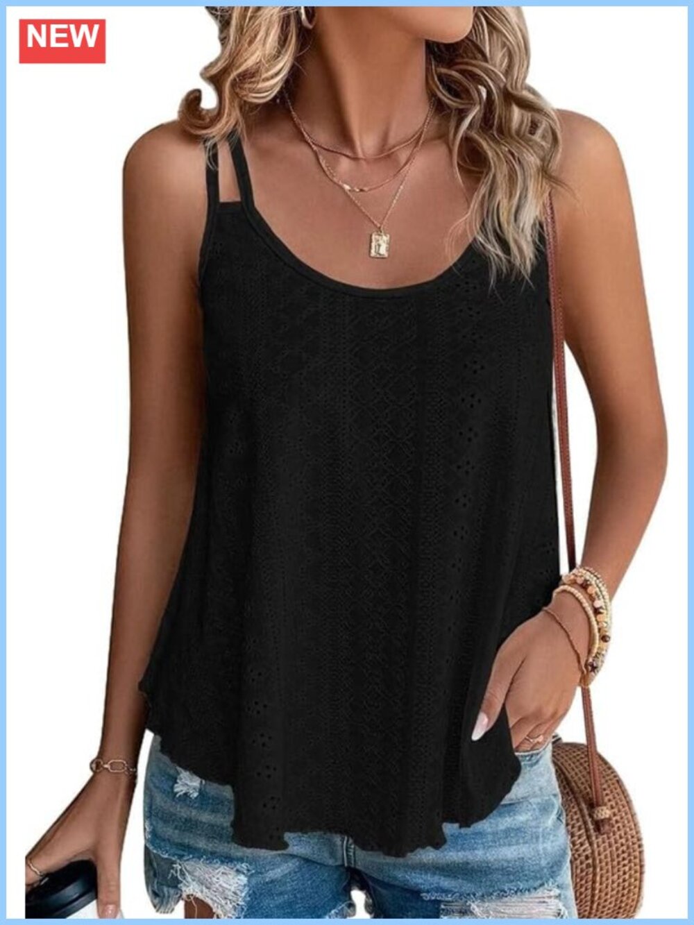 Women's Sleeveless Scoop Neck Embroidered Tank Top Loose Fit Summer Cami